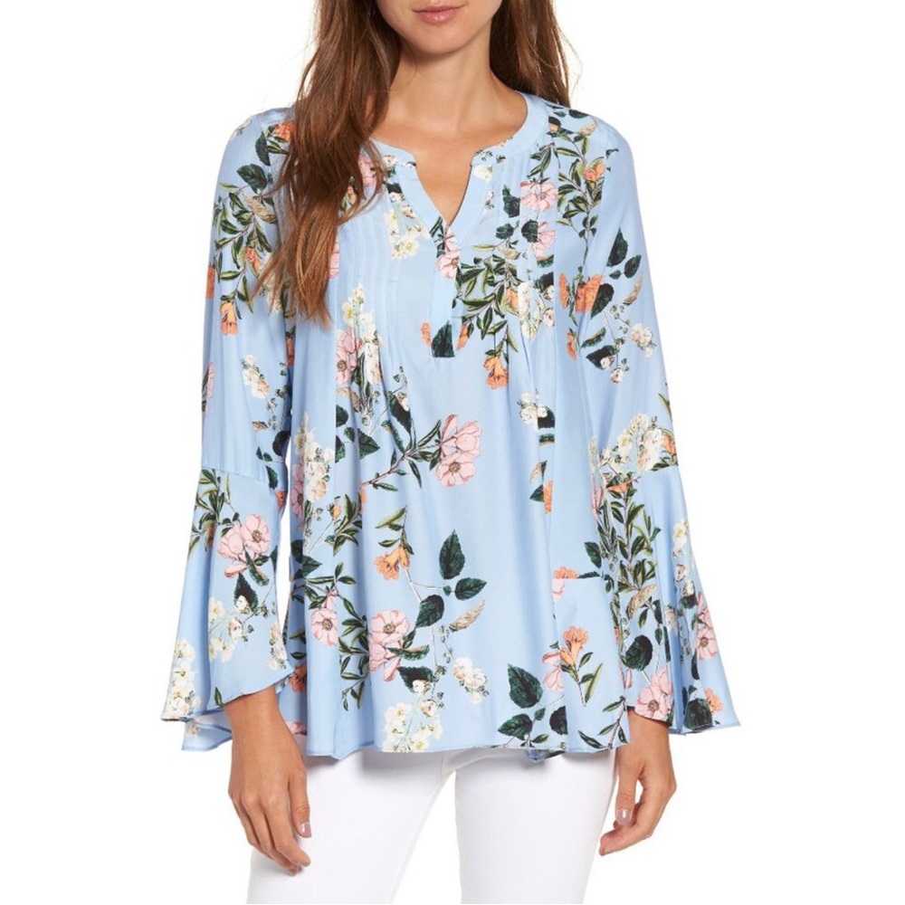 NWT Parker Silk Light Blue Floral Bell Sleeve Blouse Top S